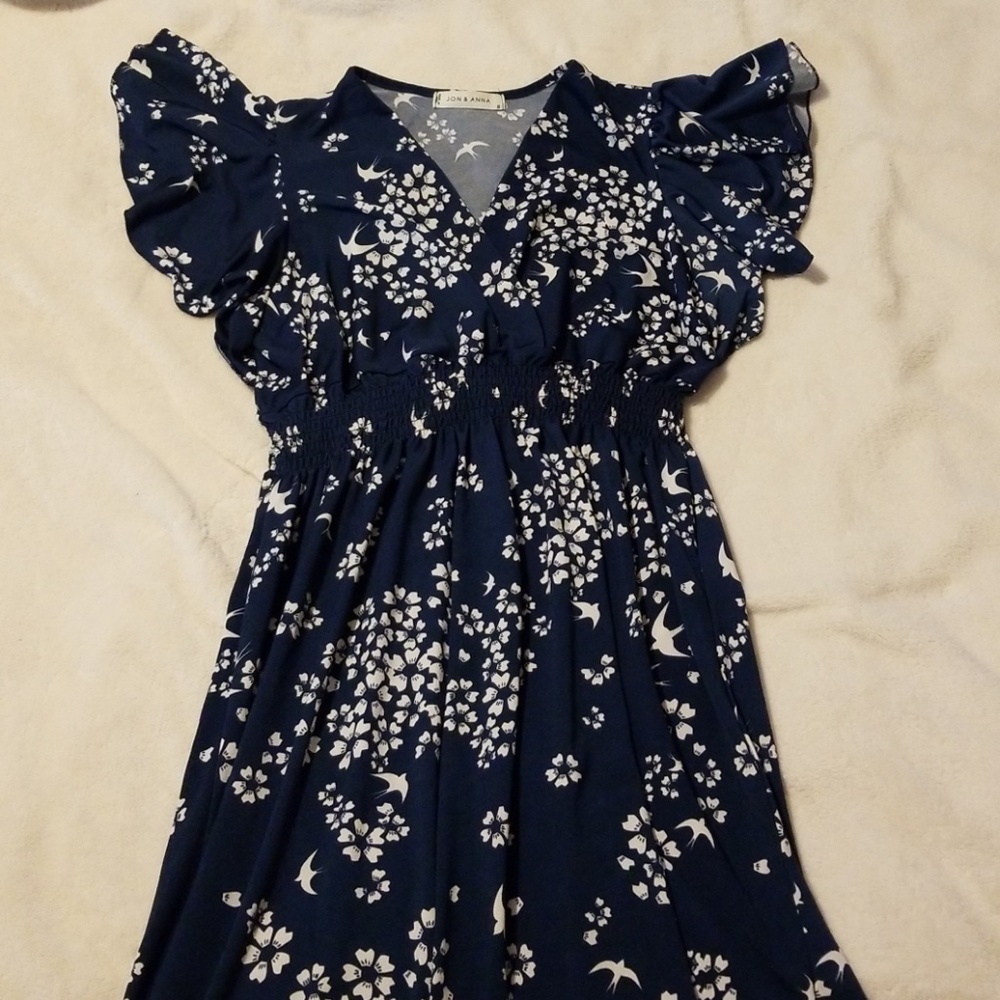 Steel blue dress with flutter sleeve and smocking